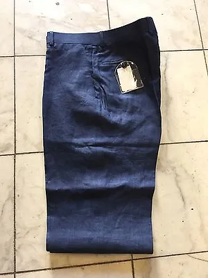 NWT OXFORDS PLAIN Mens Navy Blue Linen Dress Pant Regular Flat Front Size 32 • $39.99