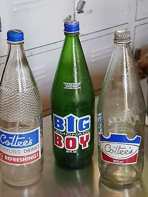 Vintage Cottees Cordial Bottle And Big Boy Lemonade Bottles X 3.  Pyro... • $40