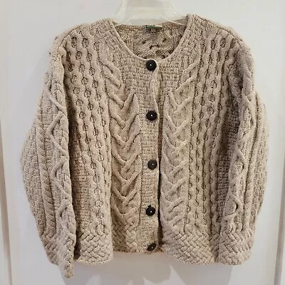 Carraig Donn Ireland Aran Knit Merino Wool Fisherman Cardigan Sweater Tan LARGE  • $40.99