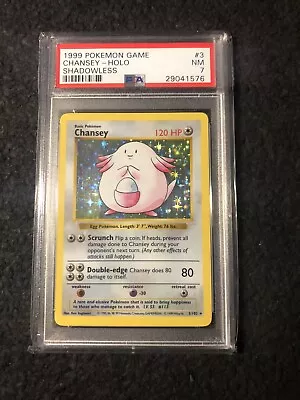 $400 • Buy Pokemon Chansey 3/102 1st Edition Base Set Shadowless Holofoil 1999 PSA 7 (G407)