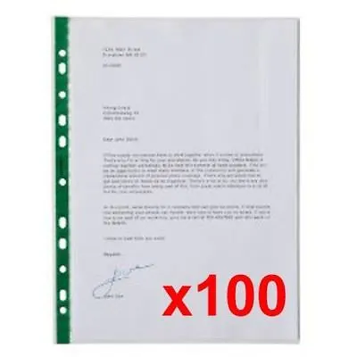 Office Depot Punched Pockets Glass Clear A4 Green 11 Hole Spine Pack Of 100 • £11.79