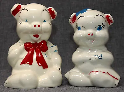 VINTAGE PR HP American Bisque Ceramic Piggy Banks Boy & Girl 5.5 -6  Tall AS IS • $12.89