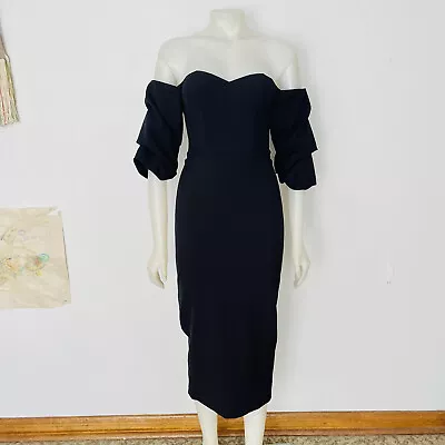 Elle Zeitoune Black Puff Sleeve Fitted Pencil Formal Midi Dress 6 XS • $55