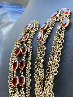 VTG Red Glass Faceted Gold Tone Costume Jewelry Double Strand Necklace 48 Inch • $0.99