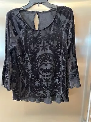 Black Burn Out Retro Top Gypsy Boho Hippie Style Flared Vell Sleeves Med 11/12 • $8.99