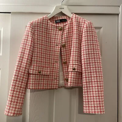 $25 • Buy Zara Womens Pink And White Hounds Tooth Bollo Jacket Size  Small