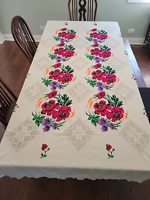 Vintage Hand Cross Stitched Floral Rectangle Tablecloth 110  X 58  • $75