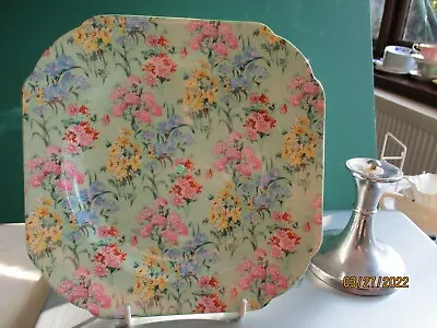 £16.50 • Buy ART DECO PRETTY SHELLEY CHINTZ 'MELODY' FOOTED CAKE PLATE GREEN RIMS - C 1930's