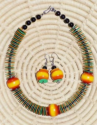 African Resin & Heishi Choker & Earrings Set Jnha7 • $15.97