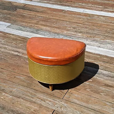 Retro Orange 3 Leg Vinyl Top Ottoman Opens Half Circle Mid Century MCM Footstool • $127.59