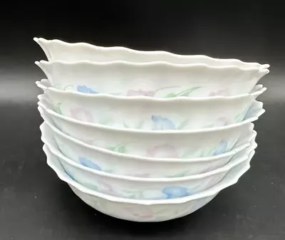 7 CHLOE By Arcopal France Floral Milk Glass Pastel Scalloped Soup Cereal Bowls • $14