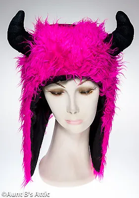 Hood Hot Pink Fuzzy Faux Fur Minotaur Hoodie Novelty Costume Hat With Horns • $19.98