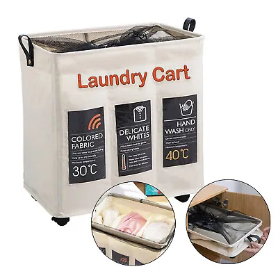 $31.48 • Buy 3 Section Laundry Basket Clothe Storage Foldable Bag Bin Cart Laundry Bag Hamper