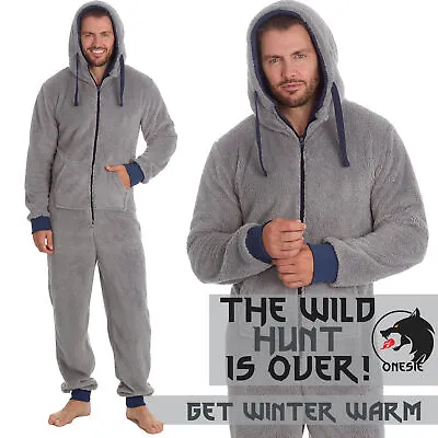 Adult Mens Grey 1Onesie1 1Onezie Snuggle Fleece Zip Hood One Piece Pyjamas Warm • $29.04