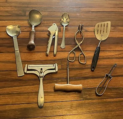 Vintage Junk Drawer Lot Of Nine Kitchen Items Grater Ice Pick Peeler Spoons Etc • $45.49