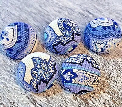 5 Vintage Nos Cloth Fabric Covered Shank Buttons 7/8” Blue White Toile Paisley • $19.99