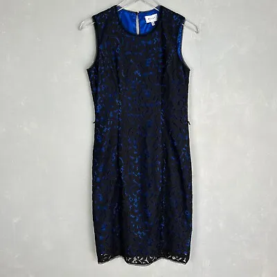 Milly Size 6 Sleeveless Sheath Dress Lace Black Blue Knee Length Missing Belt • $35