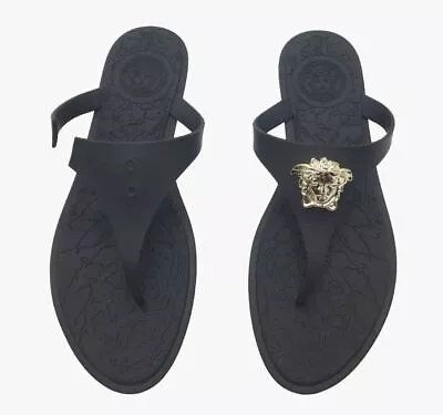 $375 Versace Women Black Medusa Thong Strap Flat Sandals Shoes Size EU 38/US 8 • $105.18