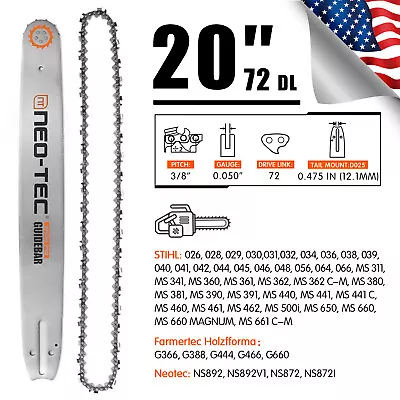 20'' Chainsaw Guide Bar 3/8  0.050  72DL Chain For STIHL MS311 MS391 MS361 MS362 • $44.99