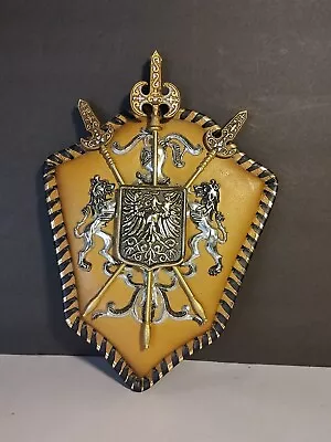 Vintage Coat Of Arms Brass Metal Sword Shield Lion Crest Wall Hanging 11” X 8  • $25