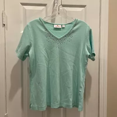 Quacker Factory Beautiful Mint Green Design ￼Sequin ￼Beaded Top Pull Over Size S • $22.39