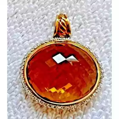 David Yurman 18Kt Gold Citrine W 2 Rows Diamonds Oval Pendant 1 1/8 X 1 1/4 Rope • $2500