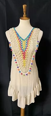 Vintage Boho Hippie Crochet Pom-Pom Gauzy Beach Pool Dress Coverup S/M • $21