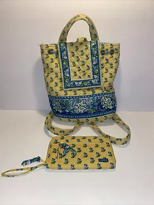 Vera Bradley Katherine Drawstring Backpack Matching Wristlet Yellow Blue Quilted • $36