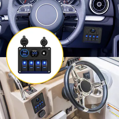 4 Gang Dual Panel Switch USB For Car 12V Boat Marine RV Truck Blue LED Voltmeter • $27.39