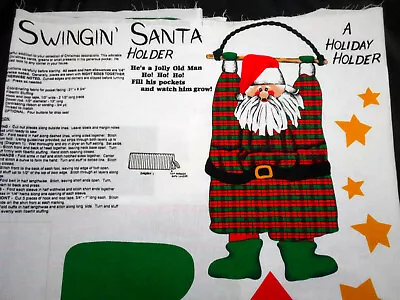 Christmas Fabric Panel Swinging Santa Card Or Gift Holder Cotton 59  Wd #2 Vtg C • $8.09