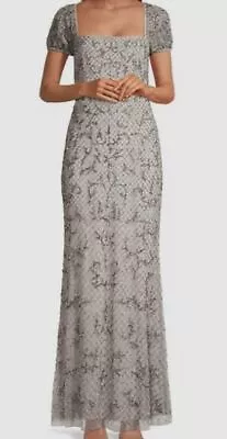 $595 Aidan Mattox Women's Gray Sequined & Beaded Mermaid Gown Size 14 • $190.78