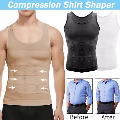 MENS SLIMMING VEST Body Shaper Waist Boobs Slim Chest Belly Compression T-Shirt • £12.79