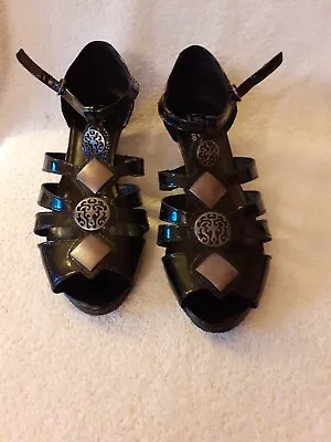 Hotter Surabya Black Patent  Strappy Sandles 2  Wedge Size 5.5 Vgc • £25