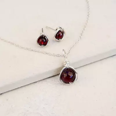 £19.50 • Buy Garnet Necklace Earrings Set, Sterling Silver Stud Earrings January Birthstone