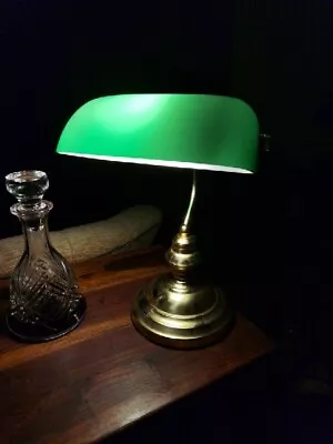 Vintage Green Glass And Brass Bankers Desk Lamp. Very Good Condition  • £15