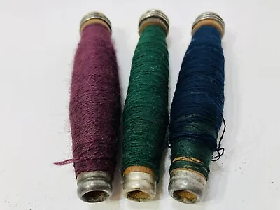 Antique Vintage 3 Wooden Spools Textile Mill Thread Bobbins Spindles W/ Thread • $19.99