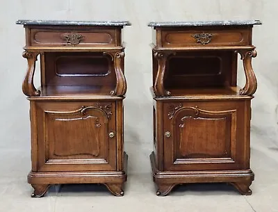 Antique Austrian Walnut And Black Marble Top Nightstands - A Pair • $1600