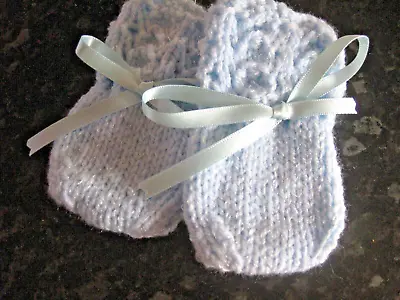 Lovely Hand Knitted Baby Mittens In Blue Twinkle Yarn Size 0-3 Months (6) • £3.30