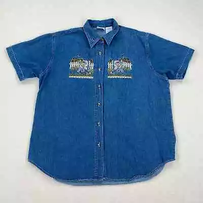 Vintage Bobbie Brooks Embroidered Bear Shirt Sz XL Blue Button Up Gardening Cute • $14.95