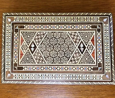 Vintage Wooden Trinket Box Inlay Mother Of Pearl Mosaic Velvet Lined Dresser Box • $24