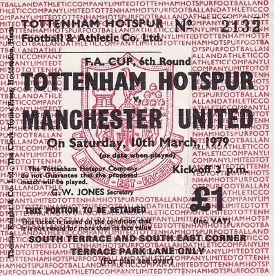 MATCH TICKET - Tottenham Hotspur V Manchester United FA Cup 6th Round 1979 • £3.99