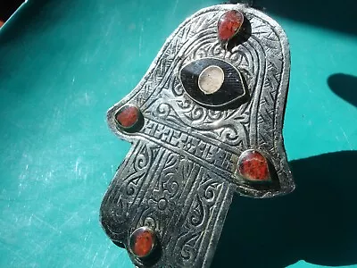 Moroccan Hand Engraved Backed Hamsa Hand Pendant + Eye + Jewels  L125 Mm • £18