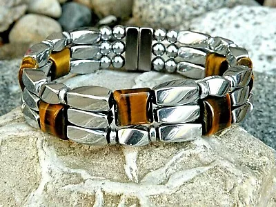 $54.99 • Buy Magnetic Silver Hematite Bracelet Anklet Brown Tigers Eye 3 Row