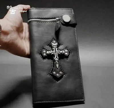 Men's Punk Rock Biker Skull Leather Long Card Money Wallet  Purse Black/Brown • $15.98