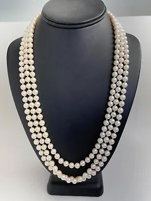 Vintage Saltwater 3 Row Pearls 14ct Gold Diamond Clasp Matinee Length • $993.44