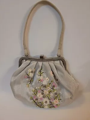 La Regale Purse Vintage Beaded & Embroidered Floral Silver Handbag  • $14.99