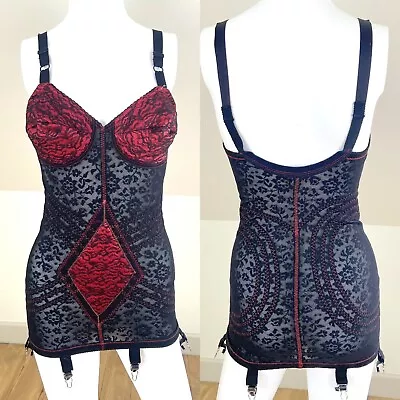 Rago 9357 Red Satin Black Lace Body Briefer Shaping Shaper Girdle 36B Shapewear • $94.22