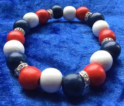 Bracelet Red White Blue Wooden Beads Adults Fancy Dress Union Jack Colours • £4.55