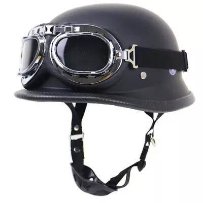 DOT German Motorcycle Half Helmet Skull Cap W/Goggles Chopper Scooter Matt Black • $85.44