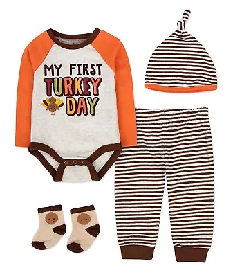 NWT Baby Essentials “My First Turkey Day” 4pc  Thanksgiving Outfit Hat Socks 3m • $18